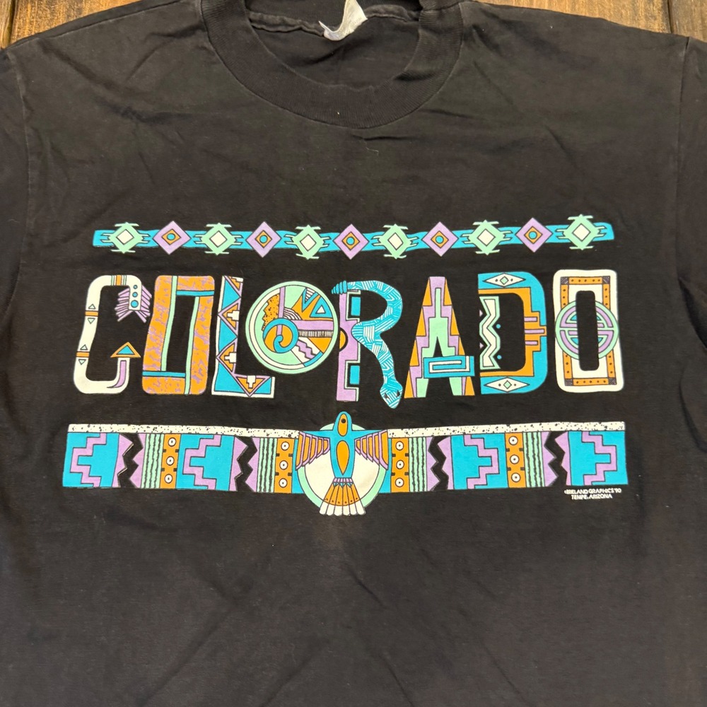 Vintage Hanes Beefy-T Colorado T-Shirt Black 90s Southwestern Thunderbird Mens M - Picture 2 of 6